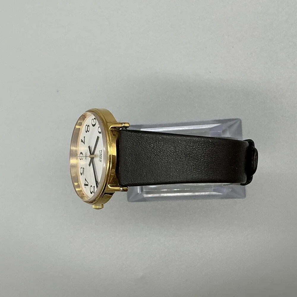 Vintage Timex Mens Watch 32mm White Dial Gold Tone Black Leather New Battery